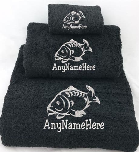 Carp Fish Design Black Towel sets or available individually Embroidered and Personalised