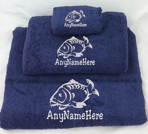 Carp Fish Design Navy Towel sets or available individually Embroidered and personalised