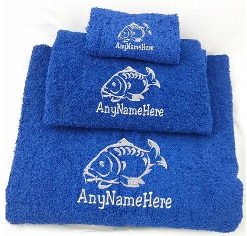 Carp Fish Royal Blue Towel sets or available individually Embroidered and Personalised