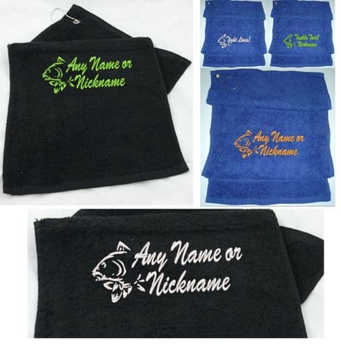 Carp's Head Design fishing towel Personalised with any Name/Nickname.