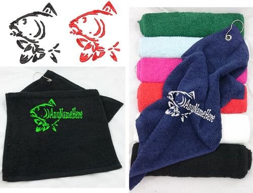 Carps Head design fishing towel with any name Embroidered.