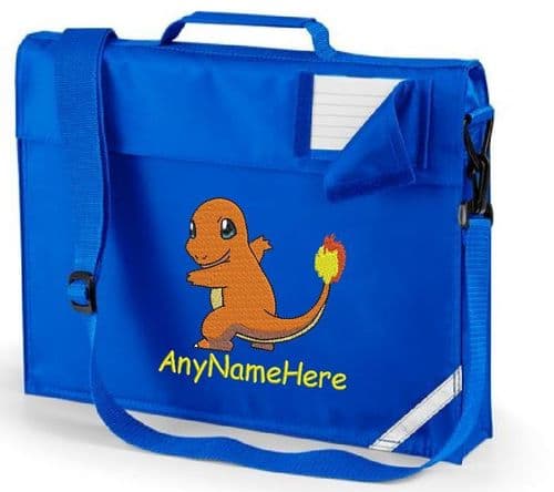 Charmander Embroidered book bag with shoulder strap. Personalised with any name.