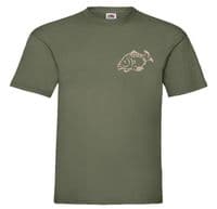 Embroidered Carp Fish Olive Green T-Shirt Option to Personalise with any name.ame