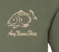 Embroidered Carp Fish Olive Green T-Shirt Option to Personalise with any name.ame