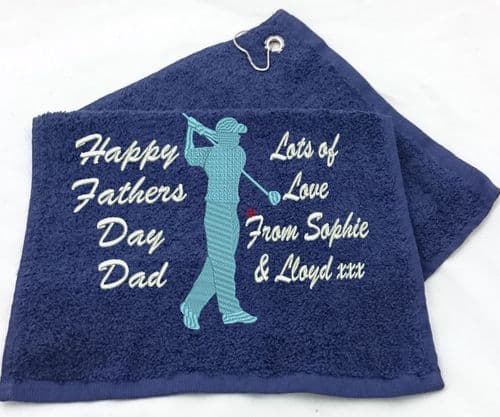 Gentleman Golfer in Swing design Golf Towel. With 2 columns for Any Personalised text / Message.