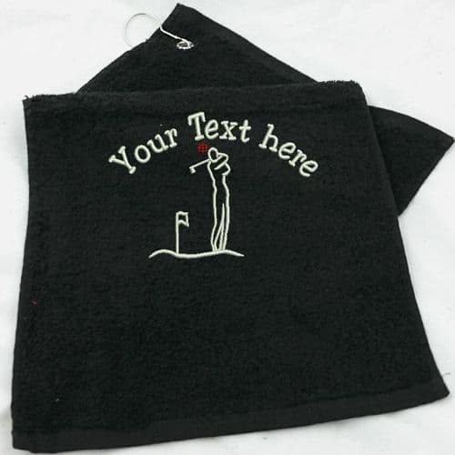 Golf Towel embroidered with 1 line of Text above Golfer.