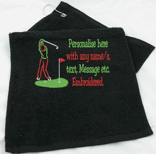 Golf Towel with small message/Text to the side of golfer silhouette.