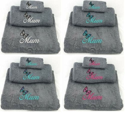 Grey Embroidered Butterfly Mum design Towel set.