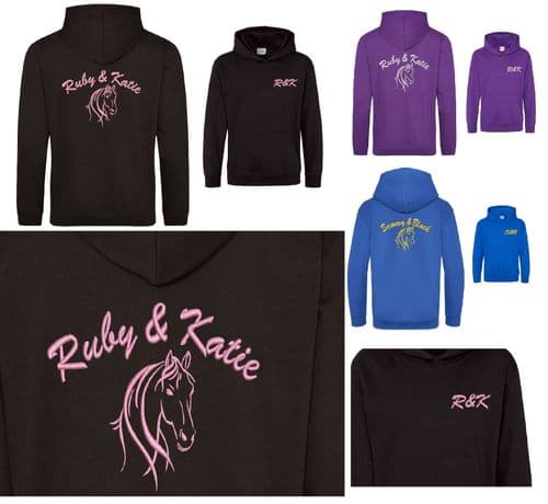 Horse design Embroidered Equestrian Hoodie with Owner & Horse Name Personalised.