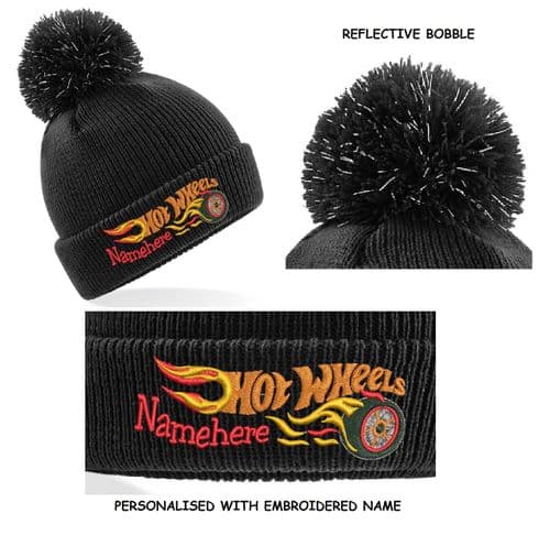 HOT WHEELS DESIGN WINTER KIDS BOBBLE HAT PERSONALISED EMBROIDERED WITH NAME!