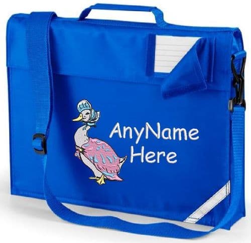 Jemima Puddle Duck Embroidered book bag with shoulder strap. Embroidered with any name.