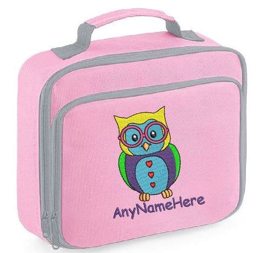 Owl design Lunch bag in Bright Colourful embroidery. Personalised with any name