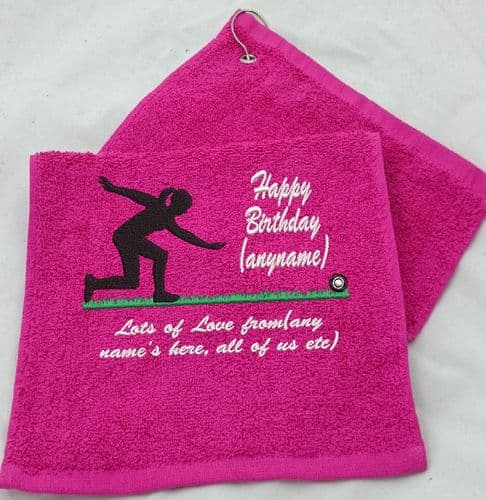 PERSONALISED CROWN GREEN BOWLING LADIES TOWEL EMBROIDERED, PRESENTATION GIFT, ANY TEXT.