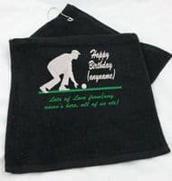 PERSONALISED CROWN GREEN BOWLING TOWEL EMBROIDERED, PRESENTATION GIFT, ANY TEXT.