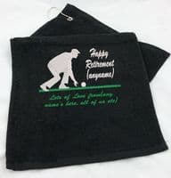 PERSONALISED CROWN GREEN BOWLING TOWEL EMBROIDERED, PRESENTATION GIFT, ANY TEXT.