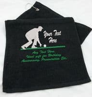 PERSONALISED CROWN GREEN BOWLING TOWEL EMBROIDERED, PRESENTATION GIFT, ANY TEXT.