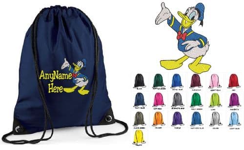 PERSONALISED DONALD DUCK DESIGN EMBROIDERED DRAWSTRING BAG PE SWIM BAG any name