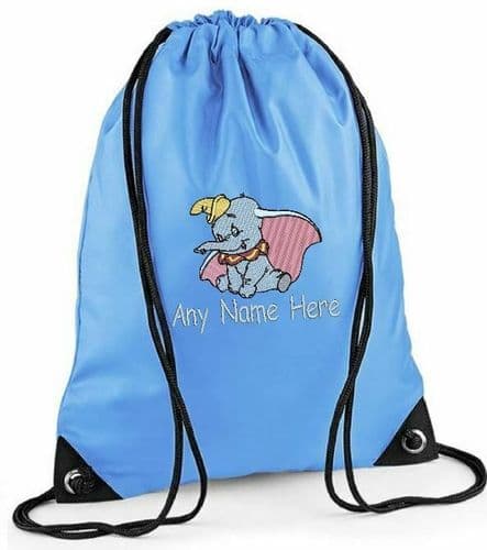 PERSONALISED DUMBO ELEPHANT DESIGN EMBROIDERED DRAWSTRING BAG PE SWIM KIT BAG