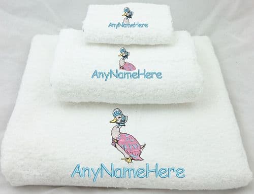 Personalised Embroidered White Jemima Puddle Duck Towel Set name bath swim gift.