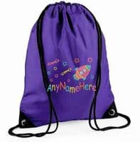 PERSONALISED KIDS Space Rocket & Stars DESIGN EMBROIDERED DRAWSTRING BAG PE BAG.