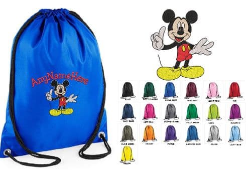PERSONALISED MICKEY MOUSE DESIGN EMBROIDERED DRAWSTRING BAG PE SWIM BAG any name