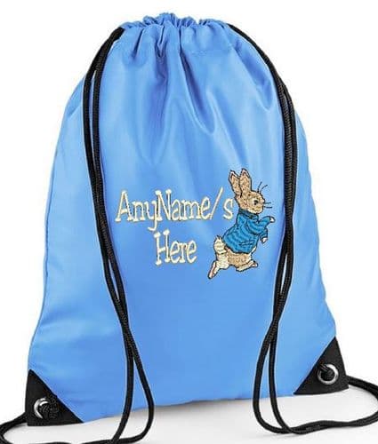 PERSONALISED PETER RABBIT DESIGN EMBROIDERED DRAWSTRING BAG PE SWIM BAG any name