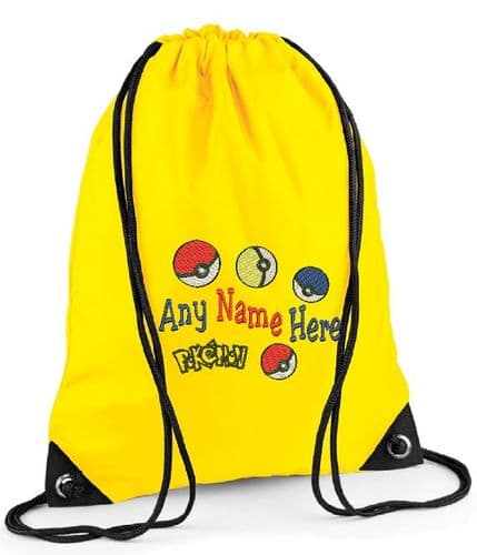PERSONALISED POKEMON BALL DESIGN EMBROIDERED DRAWSTRING BAG PE SWIM BAG any name