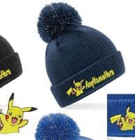 PIKACHU Character (from Pokemon) WINTER KIDS BOBBLE HAT PERSONALISED EMBROIDERED WITH NAME!