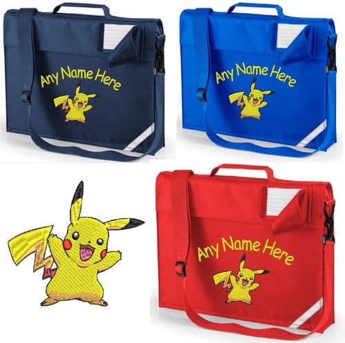 Pikachu design book bag with shoulder strap. Embroidered with any name.