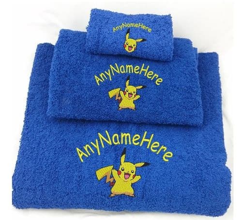 Pikachu (Pokemon) Personalised Embroidered Towel set Choice of sizes & Colours