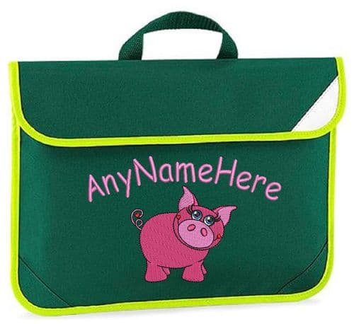 PRETTY PIG GIRLY design Book bag / Reading Folder - available in choice of 5 colours.  Personalised.