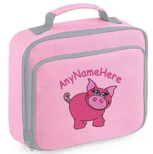 Pretty Pink Pig Girly Design Lunch Bag with name embroidered.