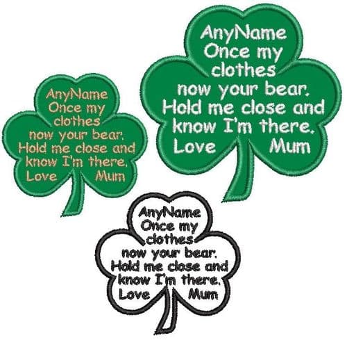 Shamrock shape Memory bear sentiment patch embroidered names & verse