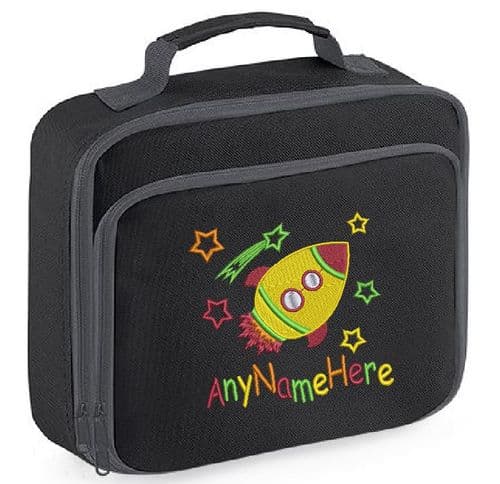 SPACE ROCKET AND STARS colourfull design Lunch Bag, Embroidered with Name.