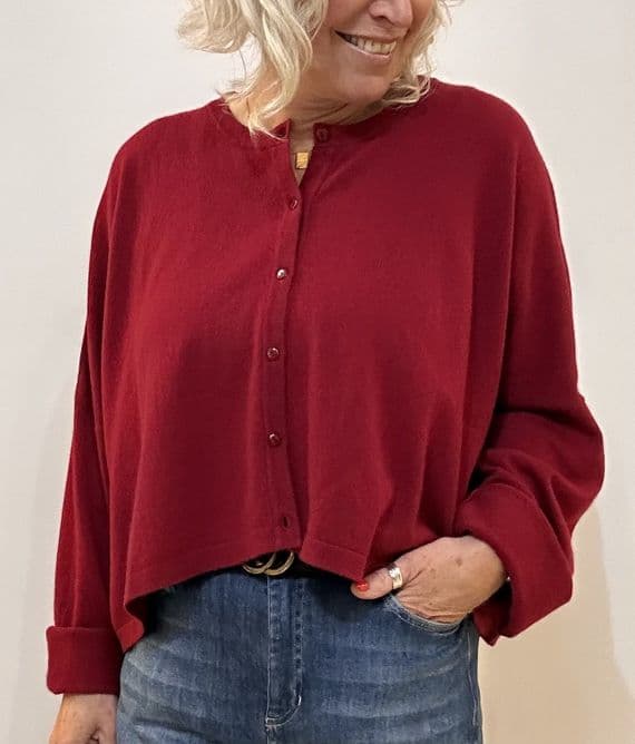 Caroline Cashmere Crew Cardigan ruby