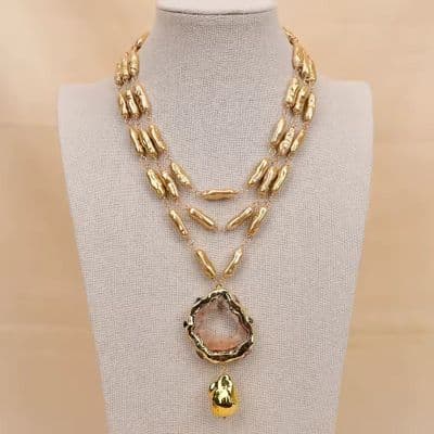 Agate pendant champagne pearl necklace and earrings set