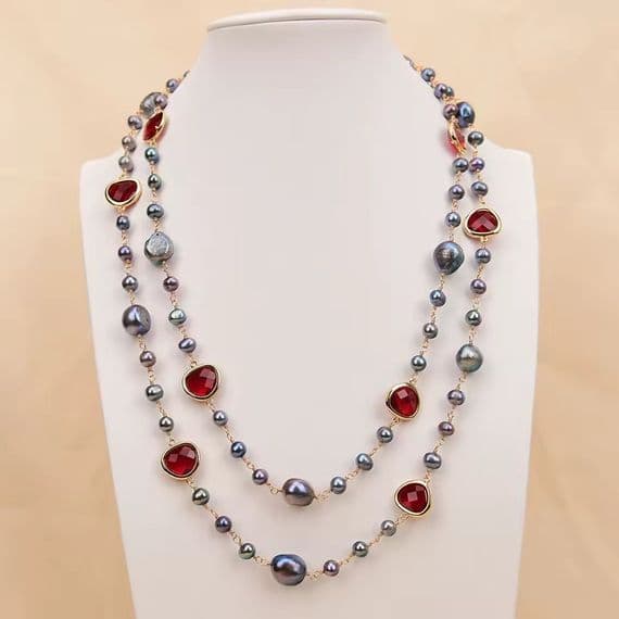 Black baroque pearl crystal Necklace
