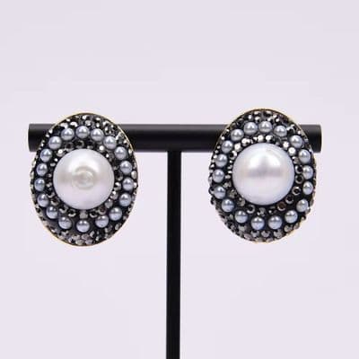 Black marcasite pearl stud earrings
