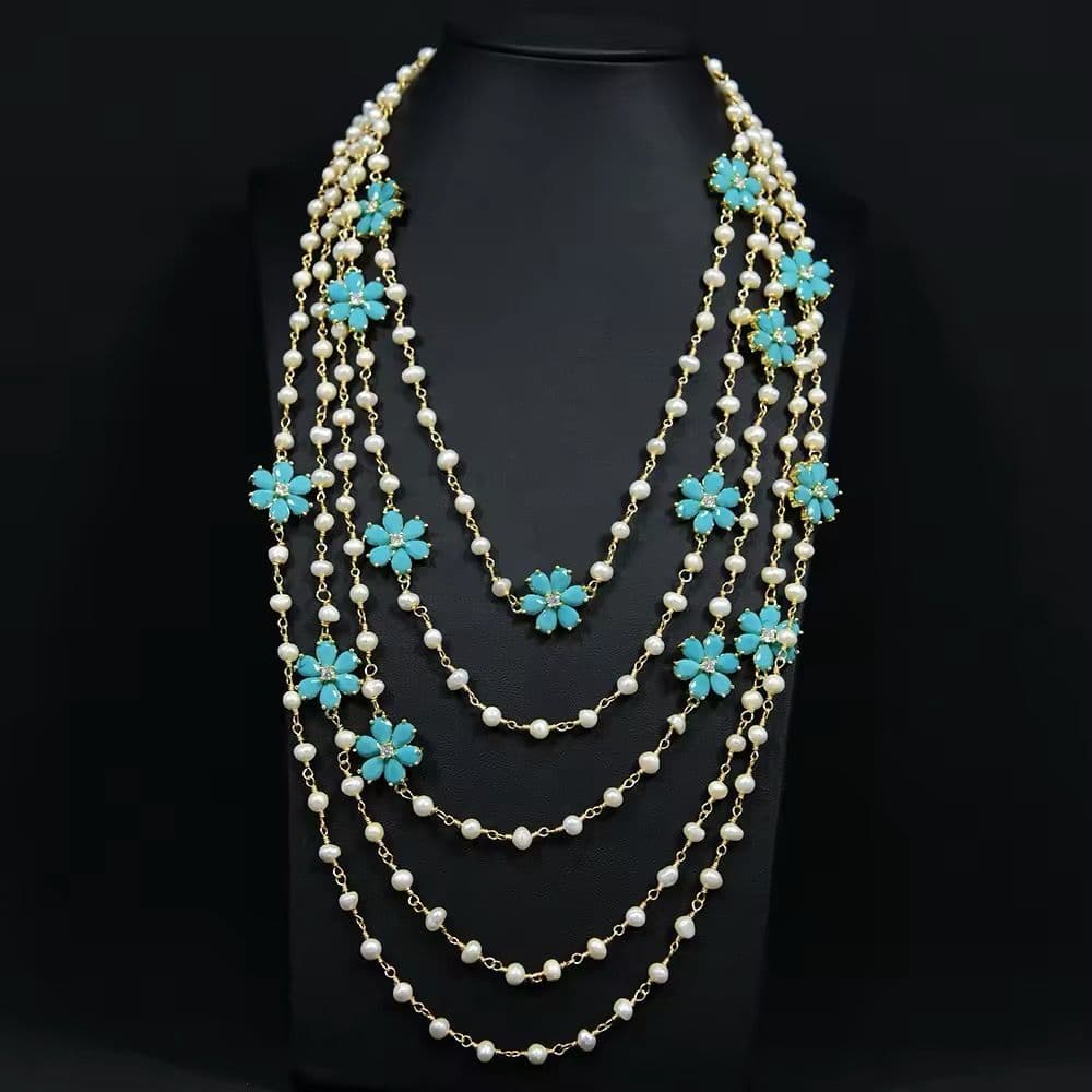 AeraVida Blue Floral Pearl Necklace - Simulated Turquoise Mother Of Pearl Statement Necklace