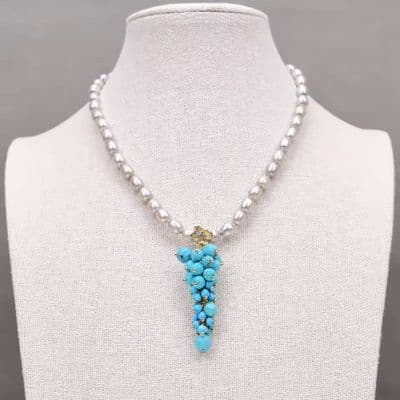 Blue Turquoise grey pearl necklace and earrings set