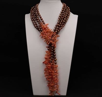 Coral beaded coffee pearls Necklace earrings and bracelet set