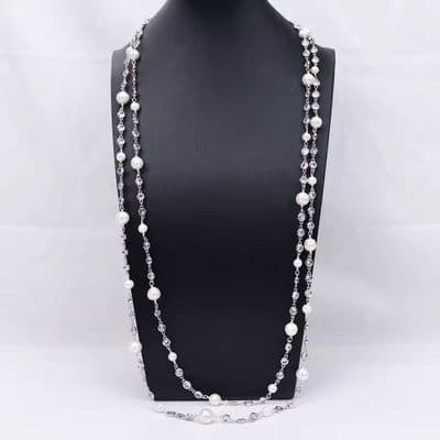 Extra long white pearl and crystal necklace