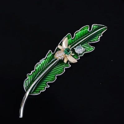 Green feather enamel brooch