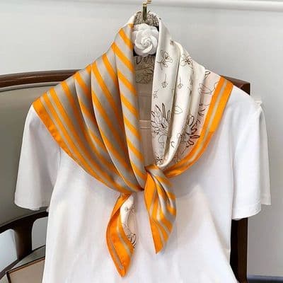 Orange stripe Floral silk scarf