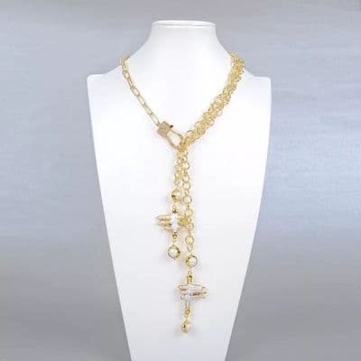 Pearl & crystal encrusted Gold Lariat Necklace