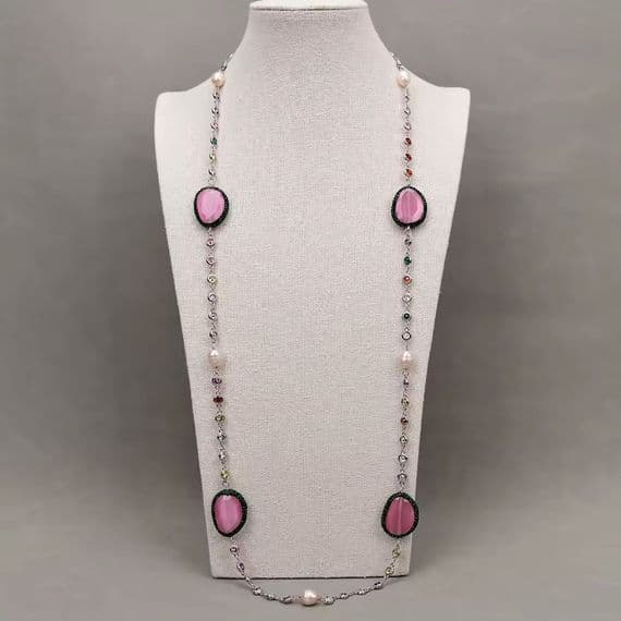 Pink pearl lavender cat eye gemstone Necklace