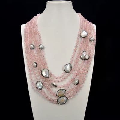 Pink Rose quartz coin pearl seven layer Necklace