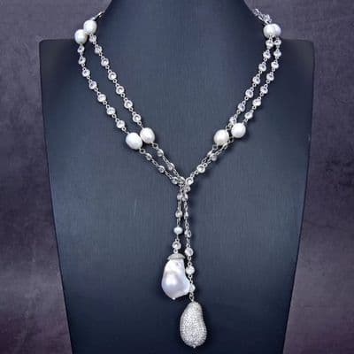 Self- adjust crystal pearl long Necklace