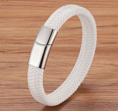 White & silver men’s leather bracelet