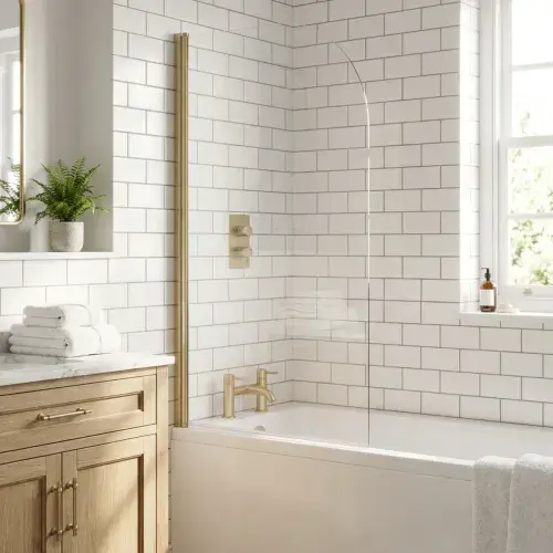 1400 x 800mm Radius Bath Screen - Brushed Brass